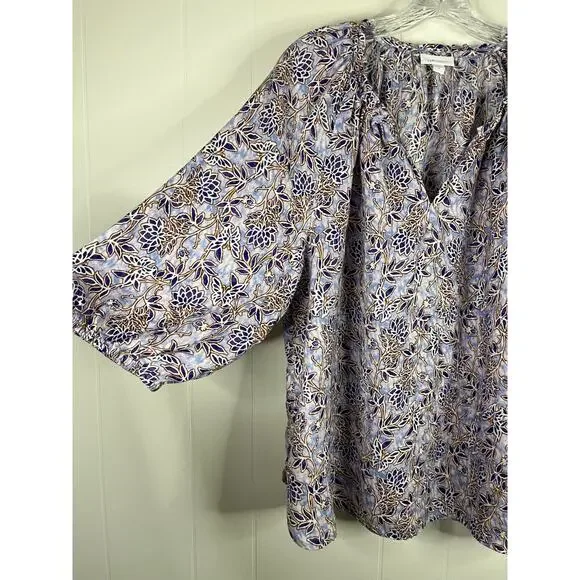 J Jill Love Linen Blouse Top XL Relaxed Printed Lagenlook Coastal Boho Peasant - Picture 3 of 14